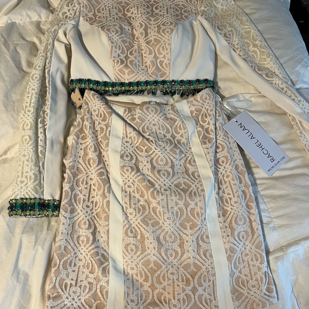 Rachel Allan Beaded Cream Lace Prom Dress with Green Accents